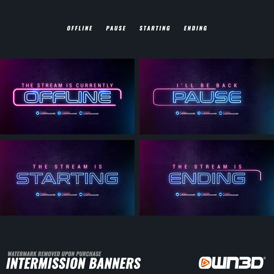 Clean Neon Banner de intermedio - Sin conexión, Pausa, Pantallas de inicio y final
