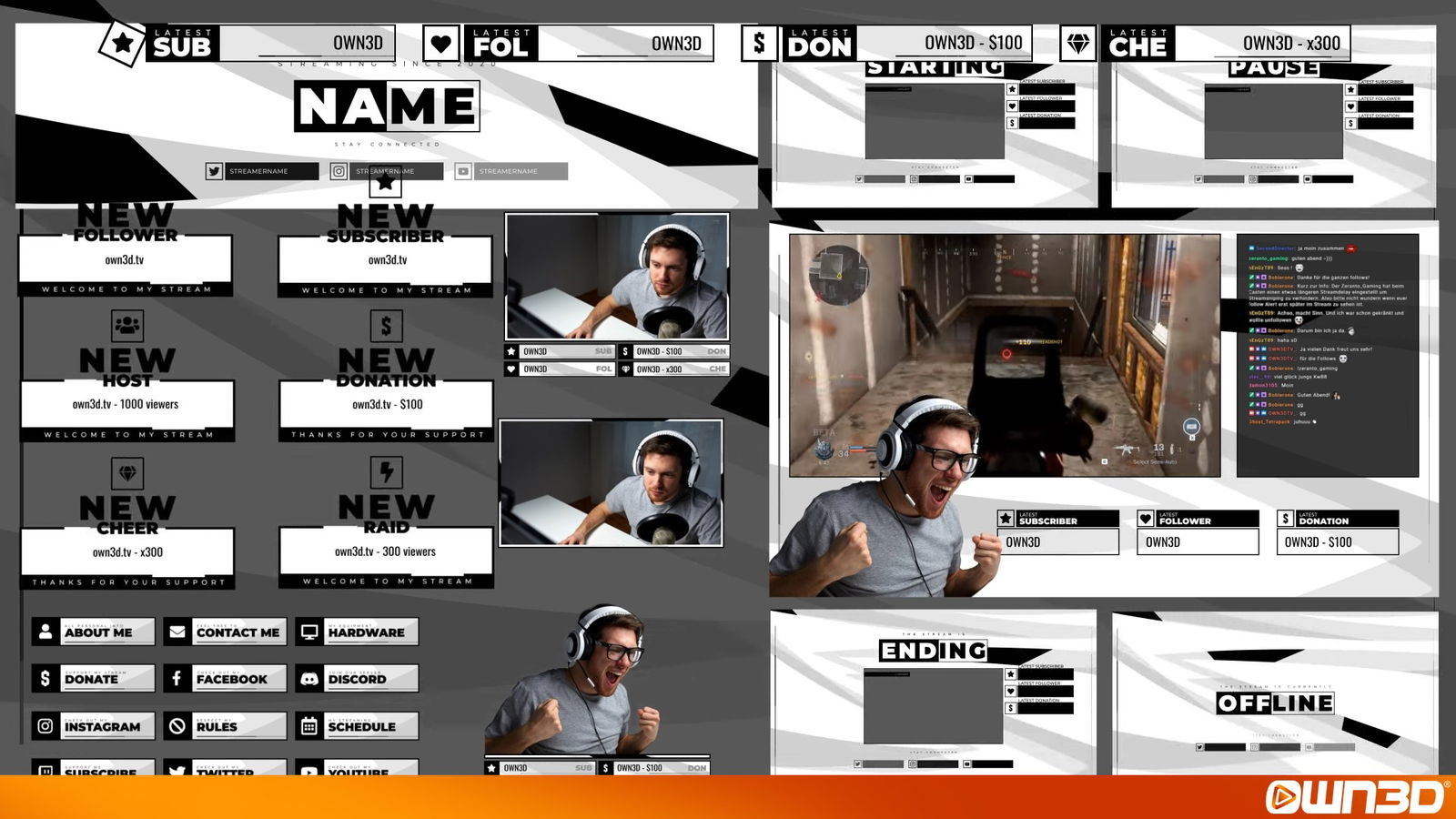 Twitch Night Sky Animated Just Chatting Overlay Black & White