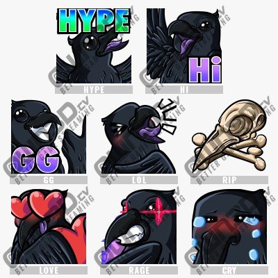 CROW - Black Animated Sub Emotes - 8 Pack for Twitch