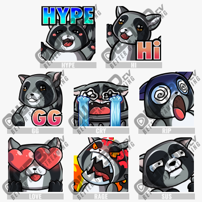 Animated Raccoon - Grey Kick Emotes - 8 Pack