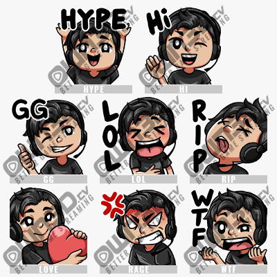 Animated Streamer Male Black Twitch Sub Emotes - 8 Pack