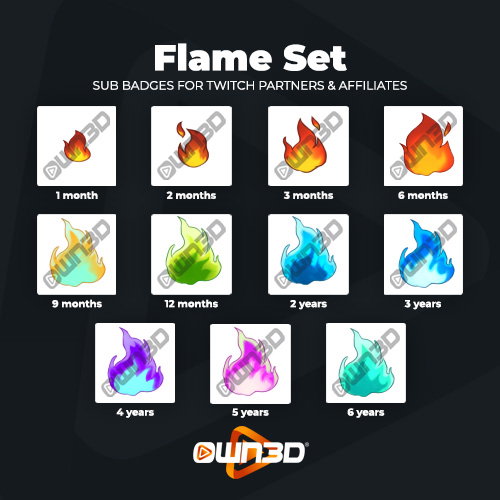Flames Twitch Sub Badges - 11 Pack - OWN3D