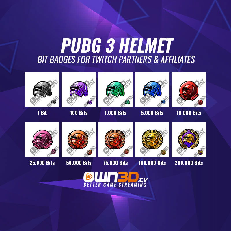 3 Helmet PUBG Twitch Bit Badges - 10 Pack - OWN3D