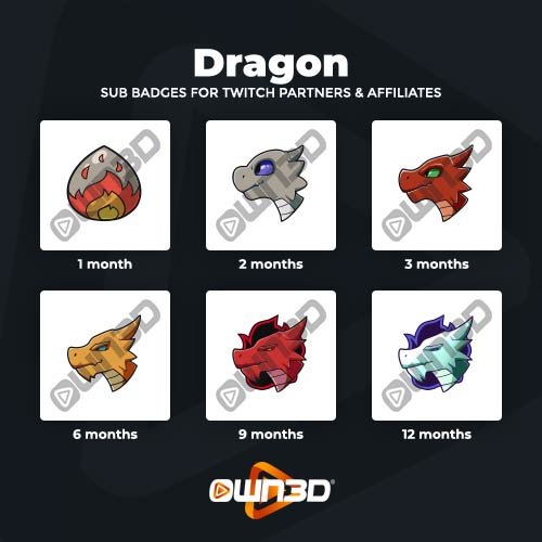 Dragon Badges d'abonné Twitch - Pack de 6