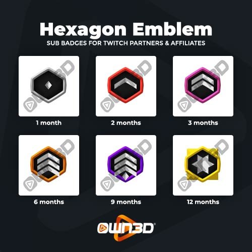 Hexagon Emblem Badges d'abonné Twitch - Pack de 6