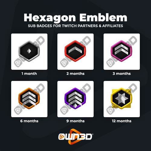 Hexagon Emblem Emblemas de suscriptores de Twitch - Paquete 6 - OWN3D