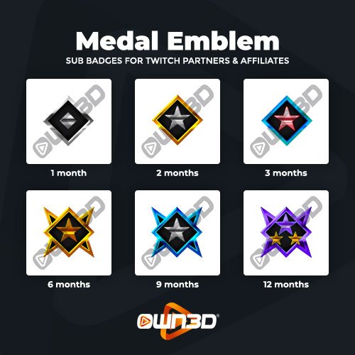 Medal Emblem Twitch Sub Badges - 6 Pack