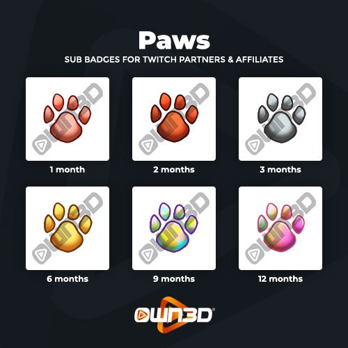 Paws Badges d'abonné Twitch - Pack de 6