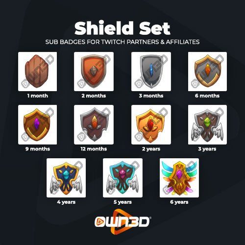 Shield Badges d'abonné Twitch - Pack de 11
